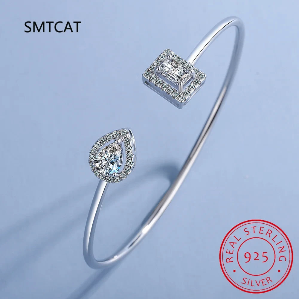 Radiant Cut Moissanite Diamond Water Drop Bangle for Women Wedding Bracelet 925 Sterling Silver Adjustable Open Bangle Jewelry
