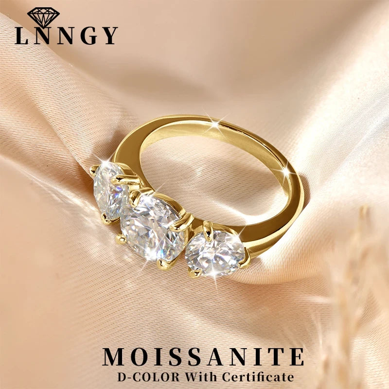 Lnngy Round 8mm&6.5mm Moissanite Engagement Ring for Women 14K Gold Filled Three Stone Wedding Ring Sparkling Jewelry Gift