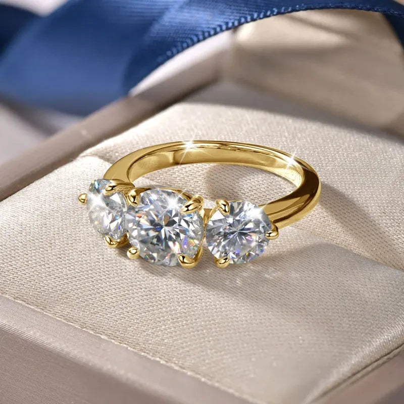 Lnngy Round 8mm&6.5mm Moissanite Engagement Ring for Women 14K Gold Filled Three Stone Wedding Ring Sparkling Jewelry Gift