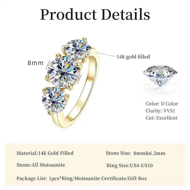 Lnngy Round 8mm&6.5mm Moissanite Engagement Ring for Women 14K Gold Filled Three Stone Wedding Ring Sparkling Jewelry Gift