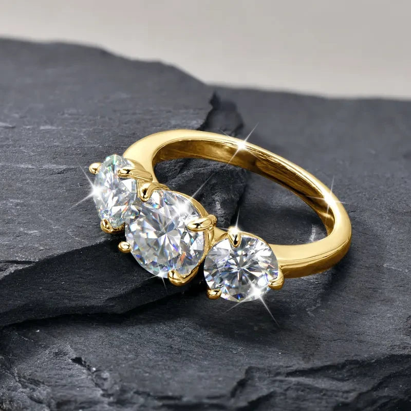 Lnngy Round 8mm&6.5mm Moissanite Engagement Ring for Women 14K Gold Filled Three Stone Wedding Ring Sparkling Jewelry Gift